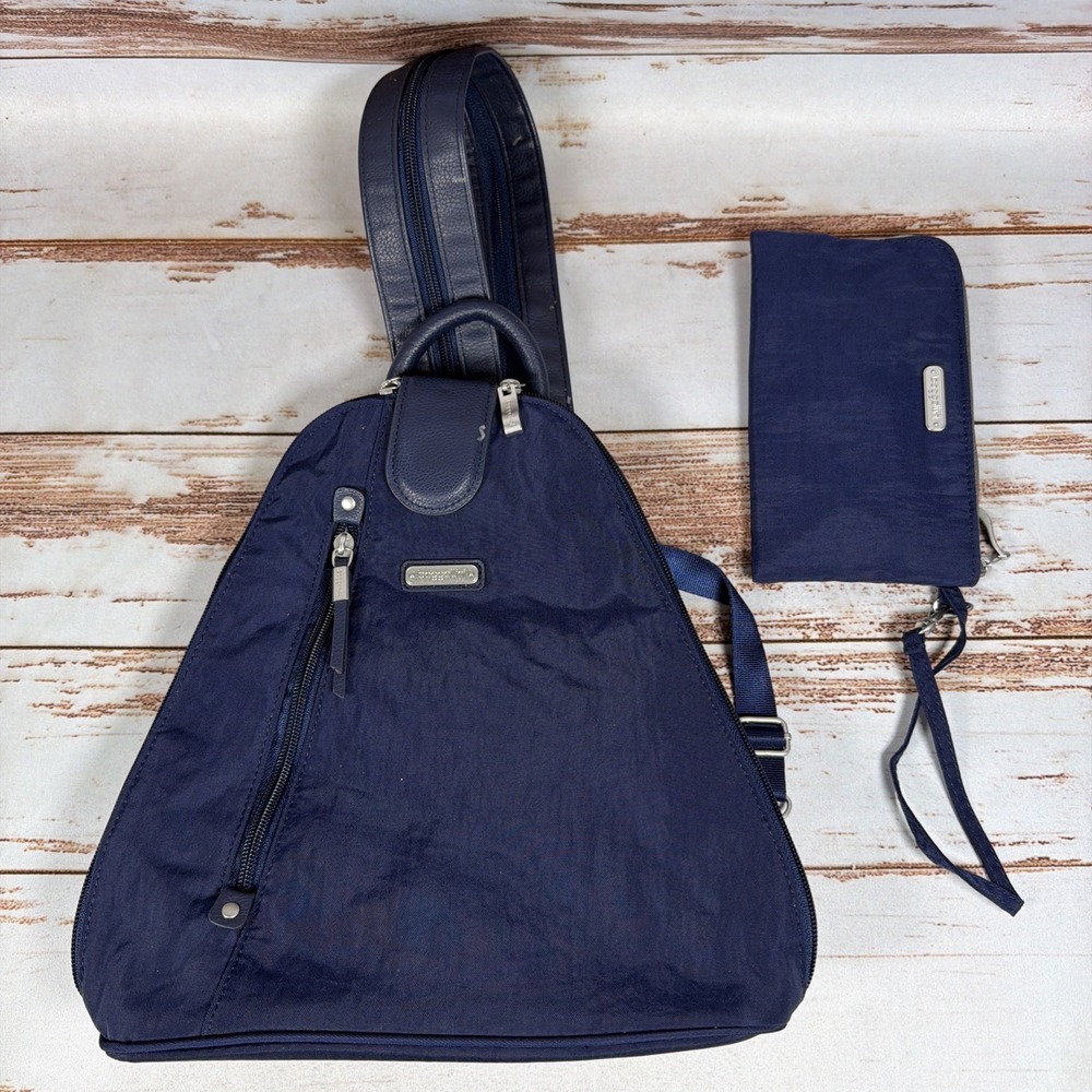Baggallini Metro Blue Nylon Convertible Backpack Sling Bag RFID Wristlet Set
